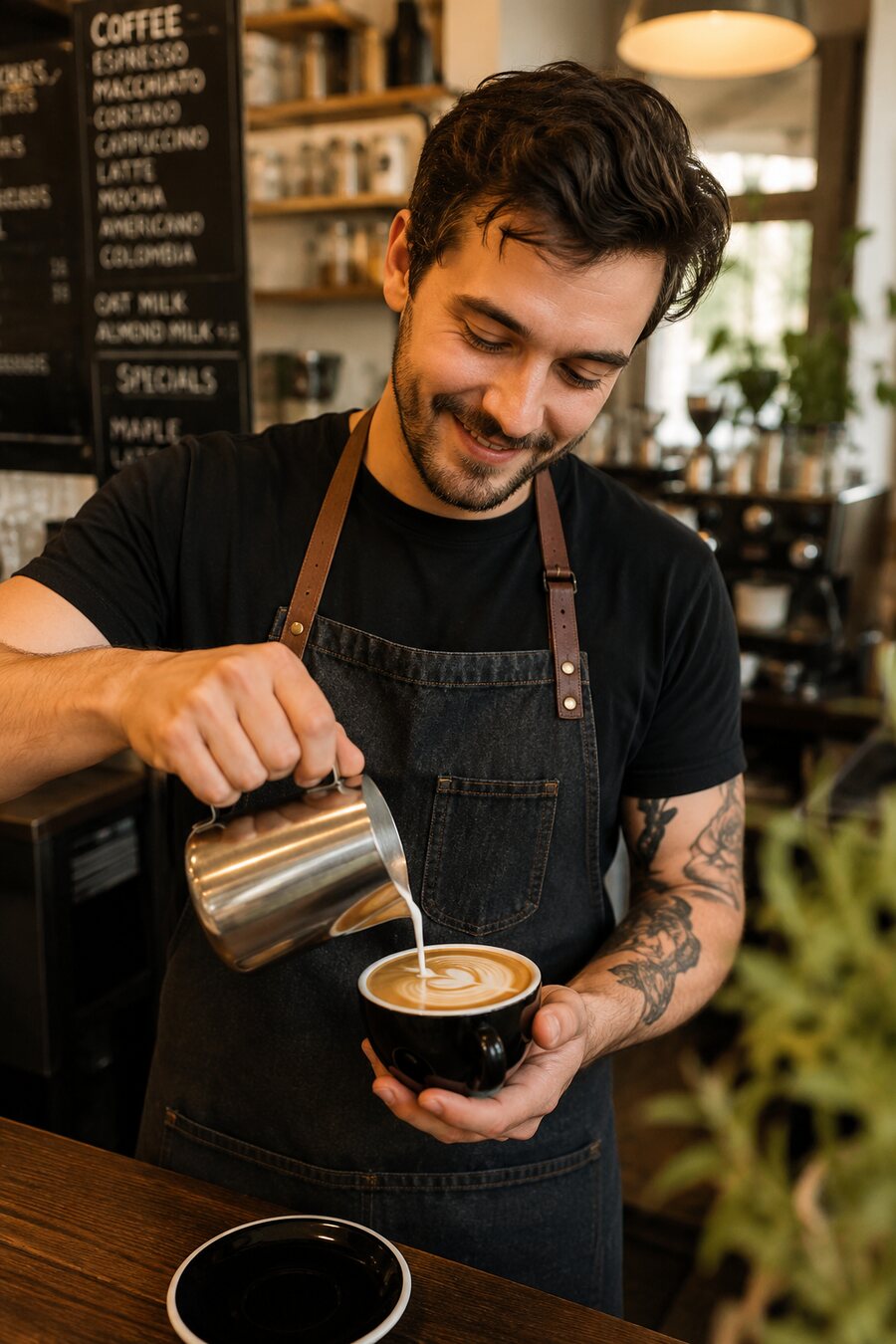 A barista pouring latte art behind the counter