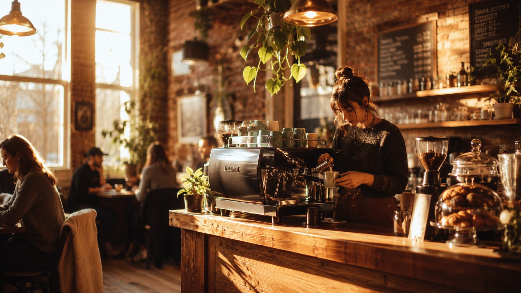 The warm, sunlit interior of The Corner Cup coffee shop