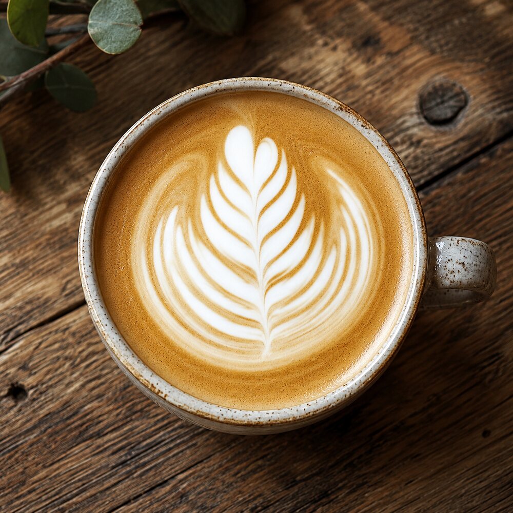 A flat white with rosetta latte art