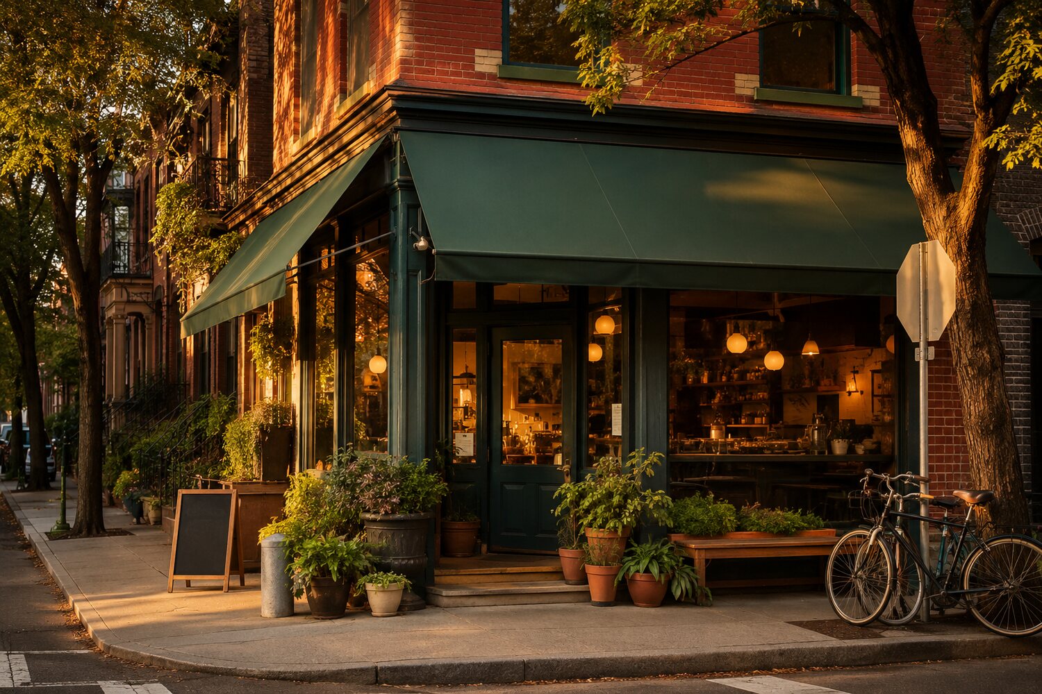 The Corner Cup storefront at golden hour — green awning, plants and a bicycle on a quiet street corner